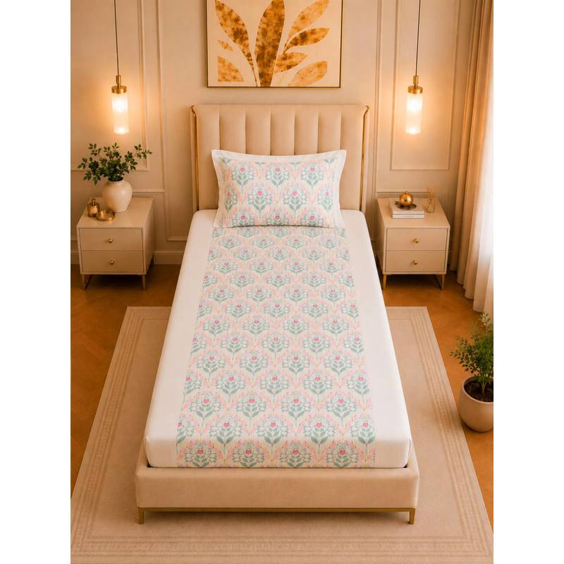 Linen Home 100% Percale Cotton Percale Fitted Bedsheet With 2 Pillow Cover Sequence Pink (Single)