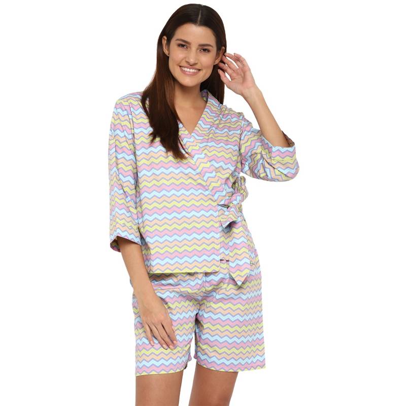 Shopbloom Colorful Wave Print V-Neck 3-4th Sleeve Women's Night Wrap Top with Boxer - Multi-Color (M)