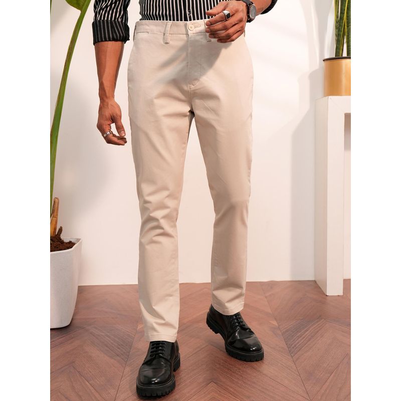 LOCOMOTIVE Men Cream Mid Rise Straight Fit Ankle Length Formal Trouser (30)