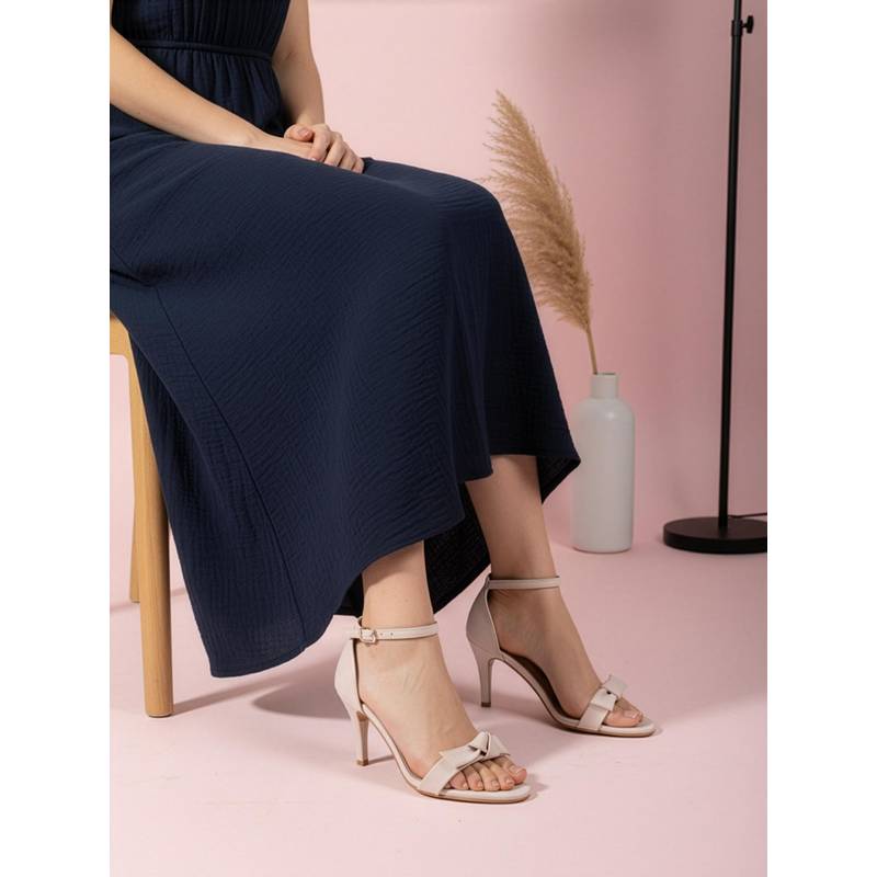 ELLE Womens Cream Bow Detail Elegant Ankle Strap Stiletto Heels (EURO 36)