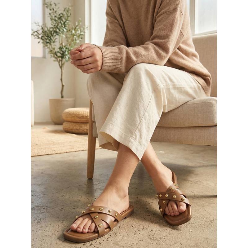 ELLE Womens Beige Studded Cross Strap Open Toe Slip On Flats (EURO 36)