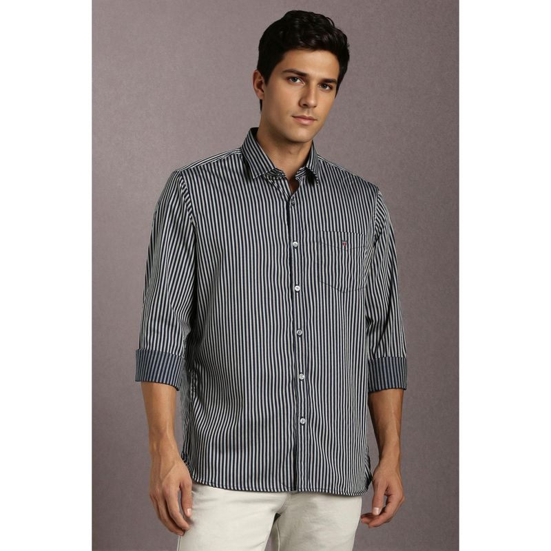 Louis Philippe Men Navy Blue Stripe Full Sleeves Casual Shirt (39)