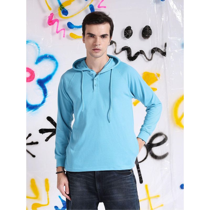 The Indian Garage Co Men Blue Slim Fit Ottoman Print Hoodie (L)