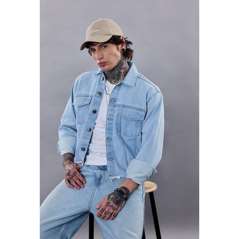 Snitch Revolution Light Blue Cropped Printed Denim Jacket (M)