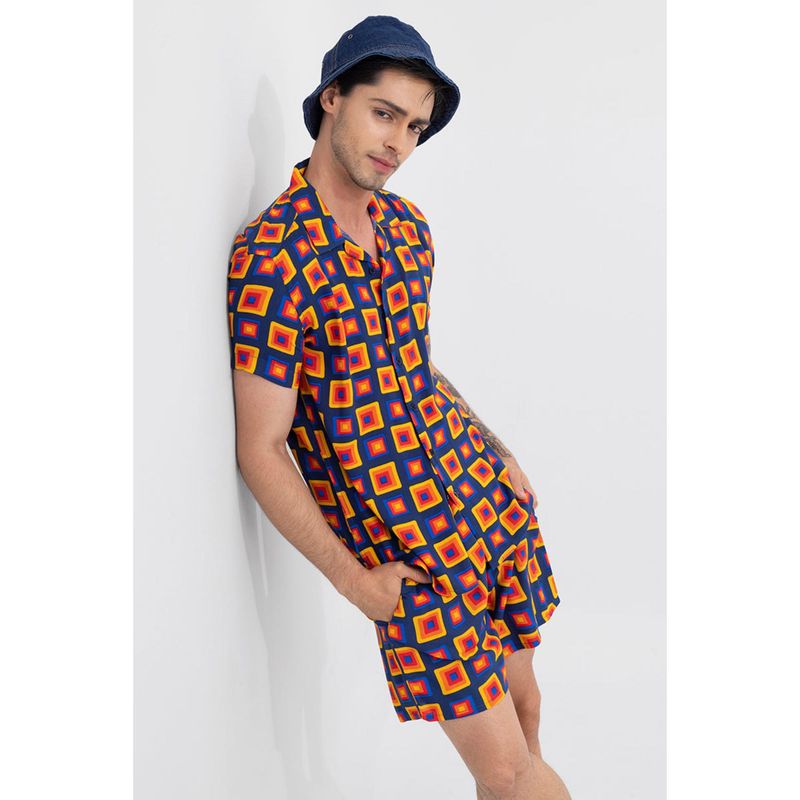 Snitch Monochrome Square Navy Blue Shirt with Shorts Co-Ord (Set of 2) (S)