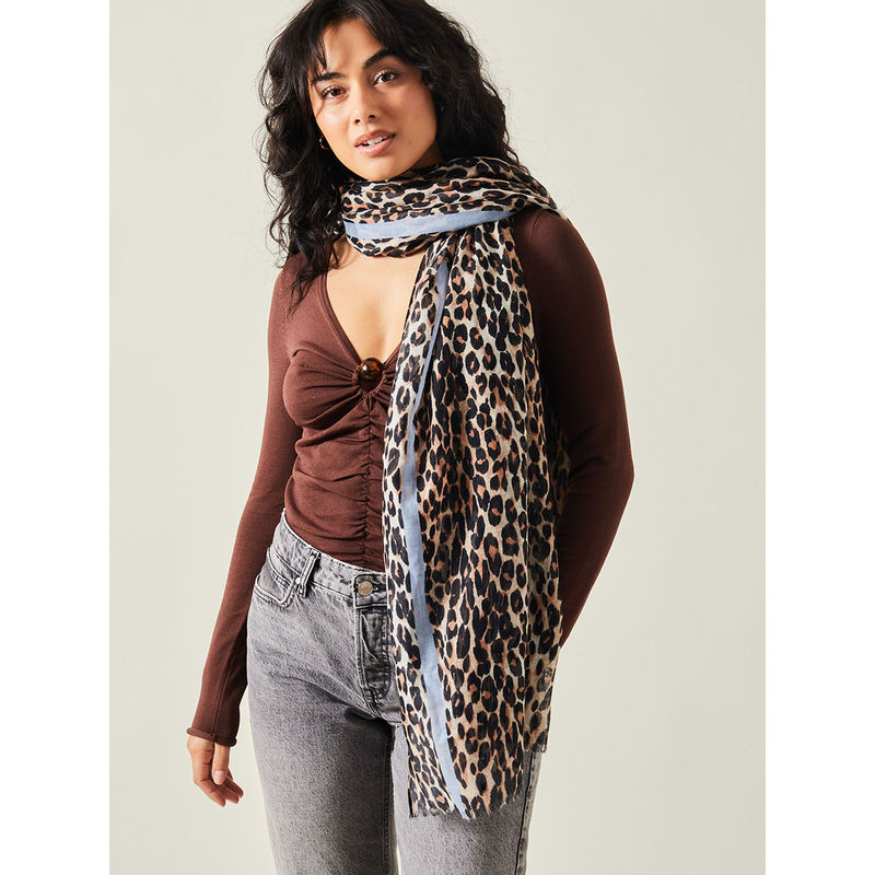 Ombre Animal Print Block Stripe Scarf With Frayed Edge Green/Multi