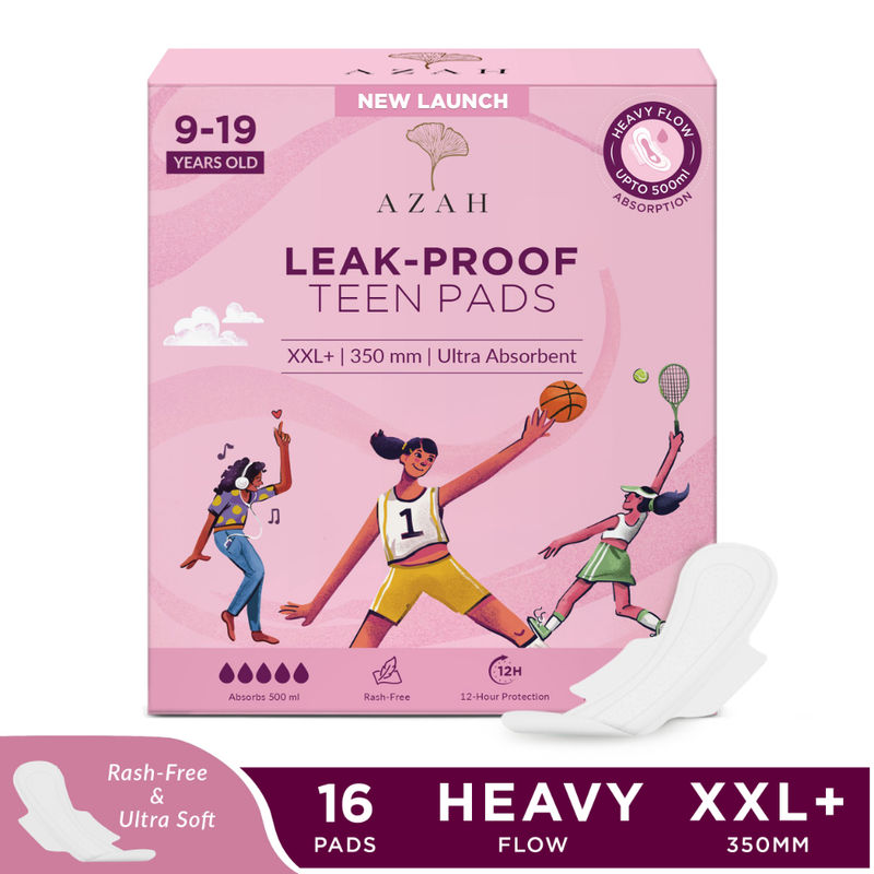 AZAH Teen Sanitary Pads For Girls, Heavy Flow Coverage, 12 Hour Leakproof, Wider - Pack of 16
