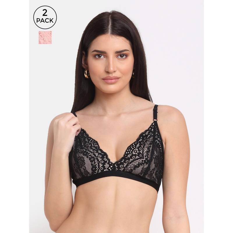 AOBA Pink & Black Non Padded Floral Lace Pack of 2 Bralette Bra (S)