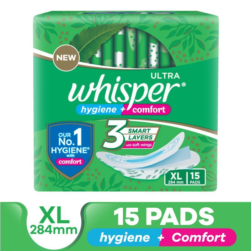 Whisper Ultra Clean Thin Sanitary Pads-Hygiene & Comfort, Soft Wings & Dry Top Sheet - XL 15 Pads