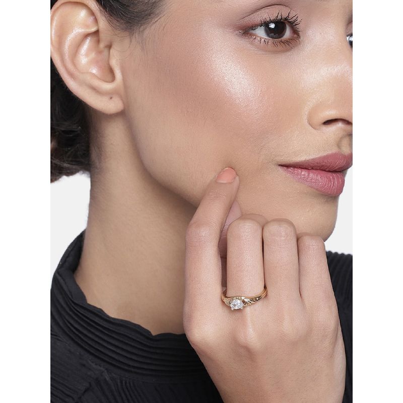 Buy Estele Gold Plated Oval Shaped Textured Band Ring with White Stone