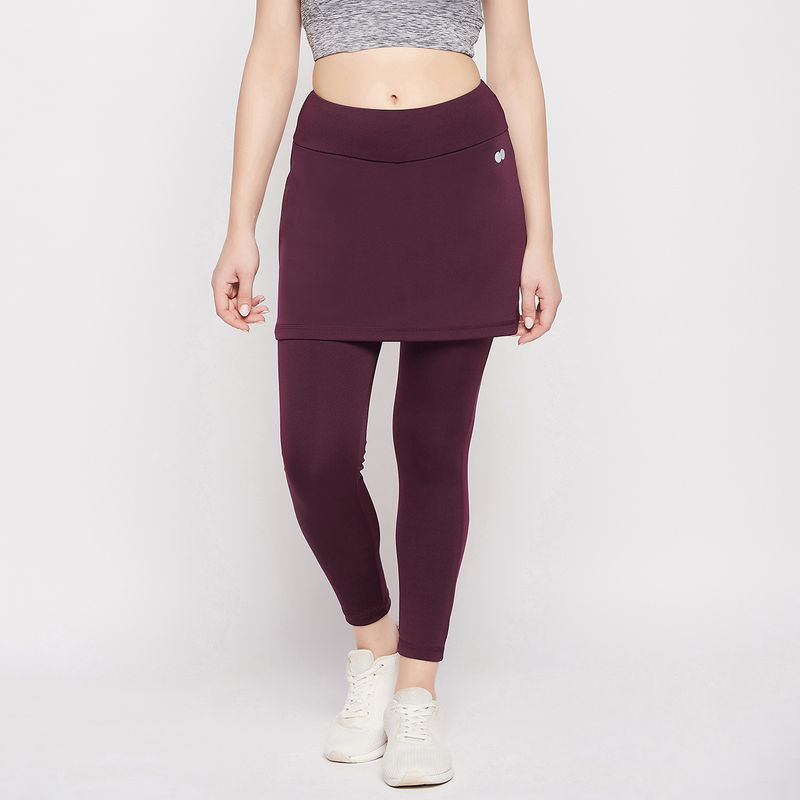 Clovia Snug-Fit High Rise Active Skirt With Attached Tights In Plum Colour (XL)