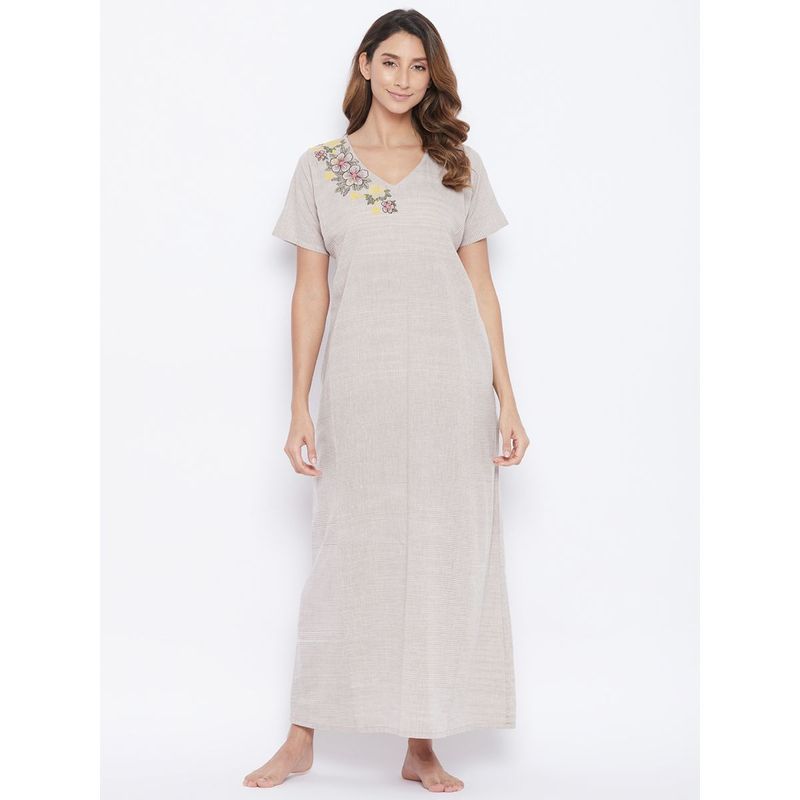 The Kaftan Company Embroidered Mangalgiri Cotton Nightdress With Embroidered Neckline - Brown (2XL)
