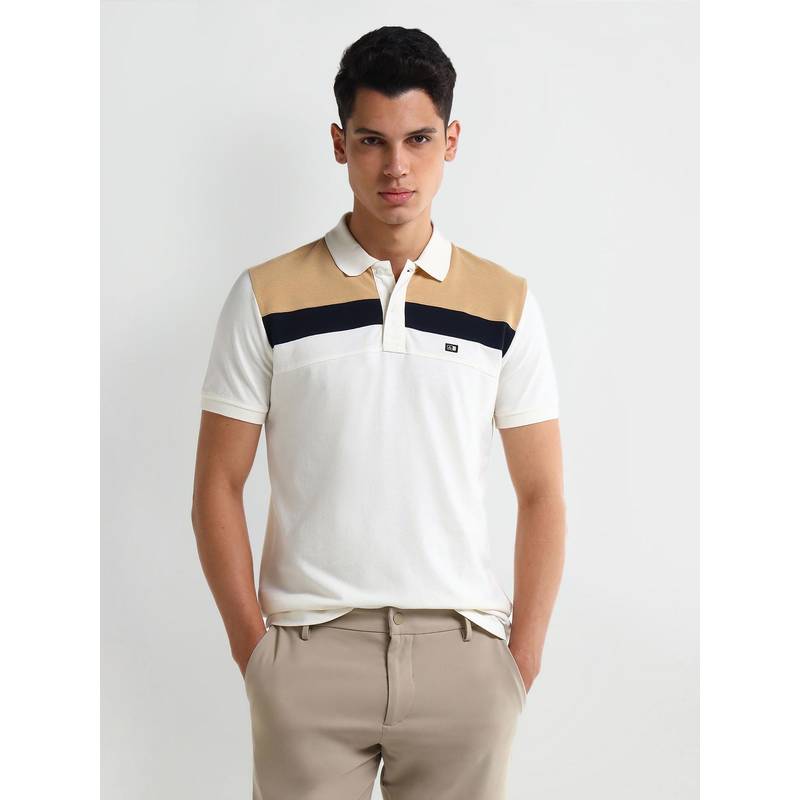 Buy Arrow Men's Cotton White Colorblock Polo T-Shirt Online