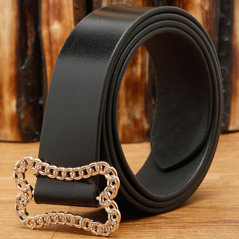 Teakwood Women Black & Gold Tone Solid Genuine Leather Belt (28)