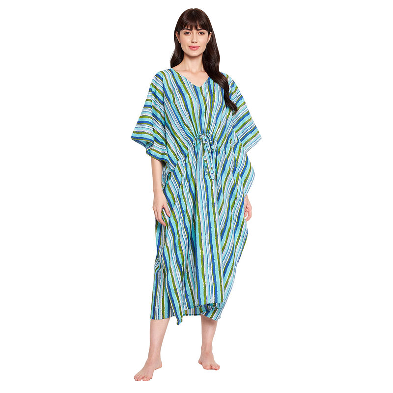 Secrets By ZeroKaata Pure Cotton Striped Kaftan Long Nightdress For Women Multi-Color (S)