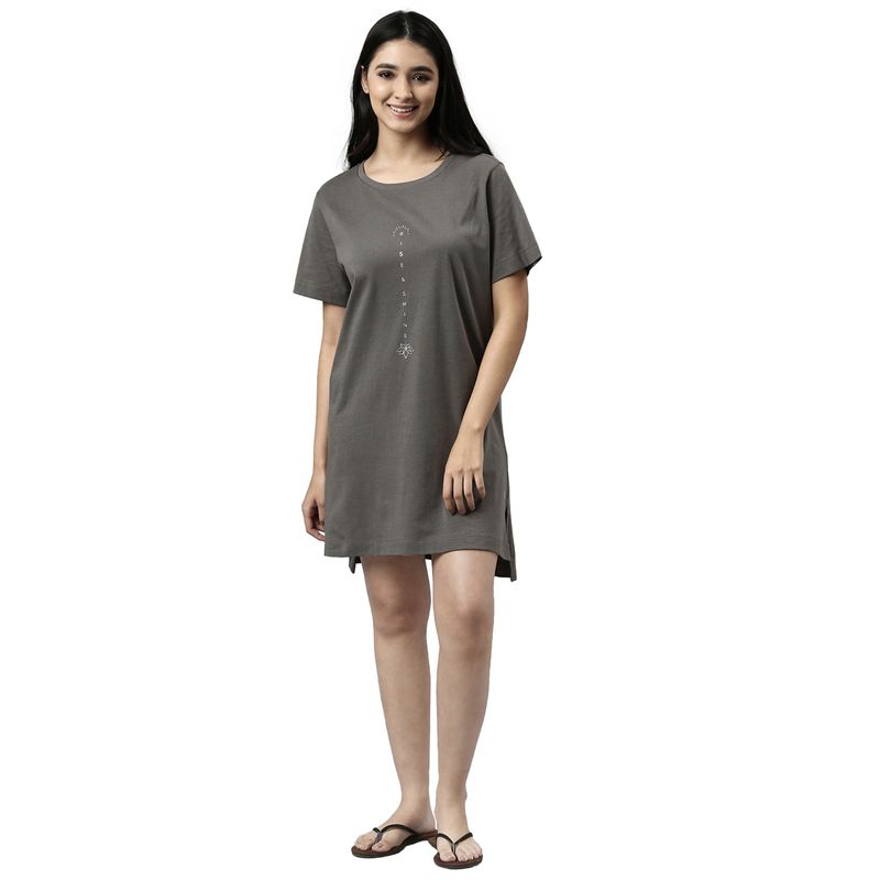 Enamor Womens E061-Relaxed Fit Short Sleeve Crew Neck Cotton Tunic Tee Dress-Ash Grey (L)