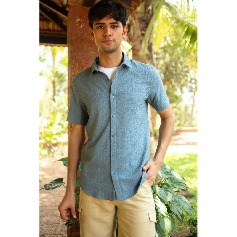 Creatures of Habit Seersucker Shirt Short Sleeve- Wildflower Blue (S)