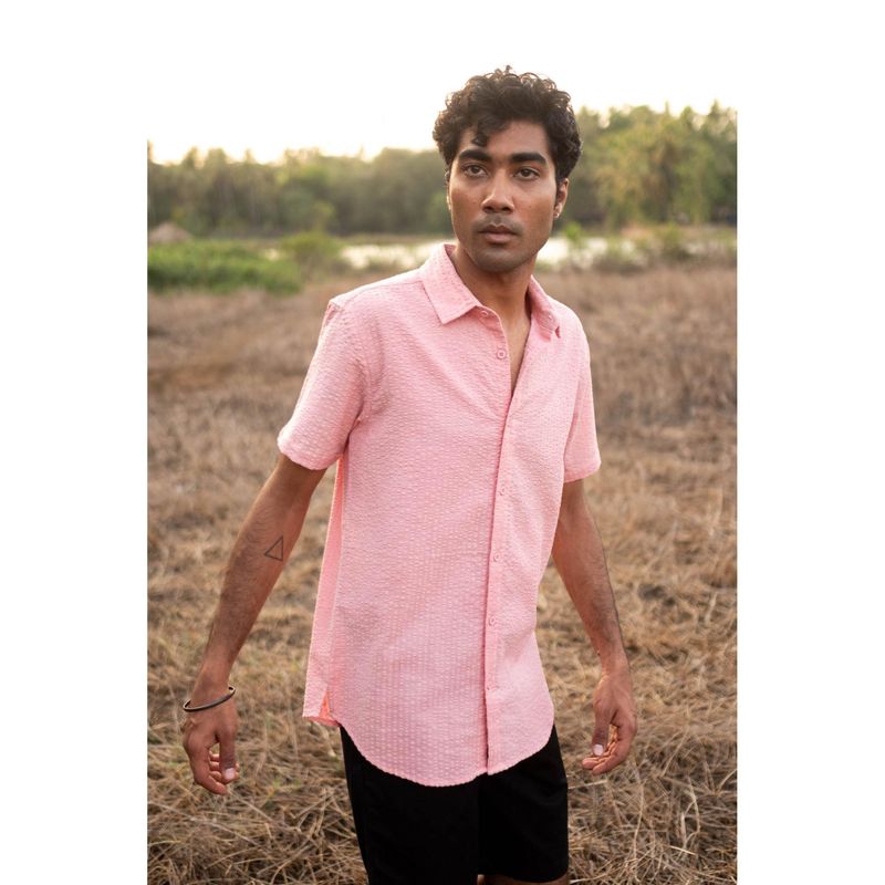 Creatures of Habit Seersucker Shirt Short Sleeve- Vintage Pink (S)