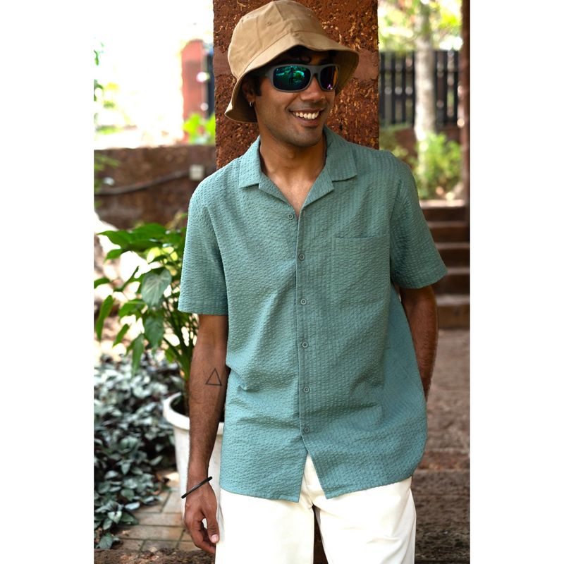 Creatures of Habit Seersucker Notched Shirt- Sage Green (S)