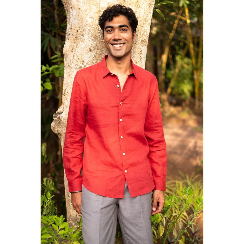 Creatures of Habit Linen Pocketless Shirt- Indian Red (S)