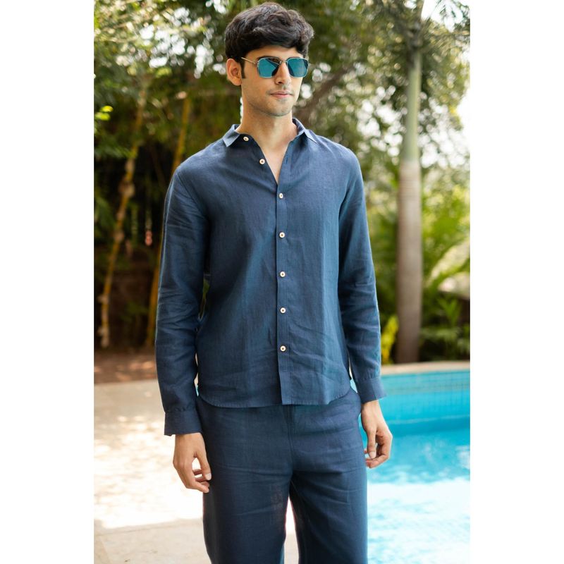 Creatures of Habit Linen Pocketless Shirt- Navy Blue (S)
