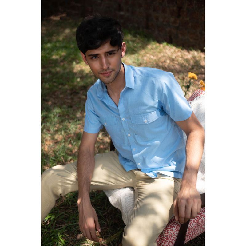 Creatures of Habit Egyptian Cotton Double Pocket Shirt Short Sleeve- Sky Blue (S)