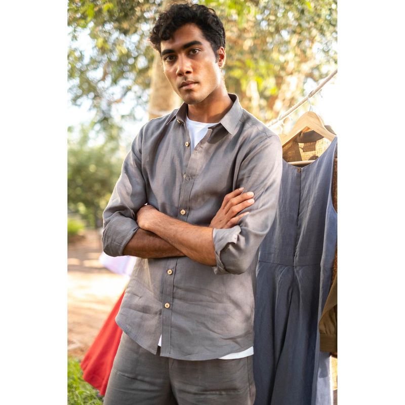 Creatures of Habit Linen Pocketless Shirt- Slate Grey (S)