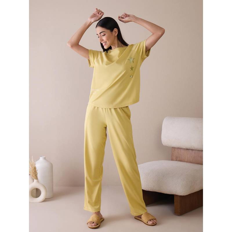 Sweet Dreams Women Yellow Solid T-Shirt with Pyjama (Set of 2) (XL)