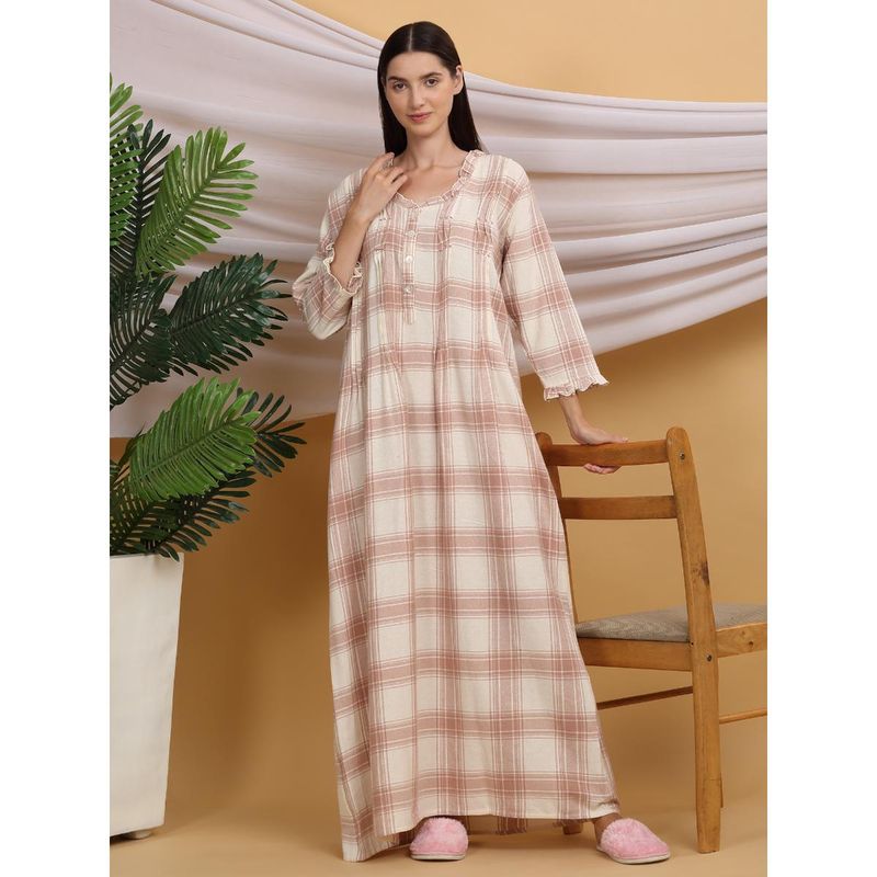 Sweet Dreams Women Beige Checks Night Dress (M)