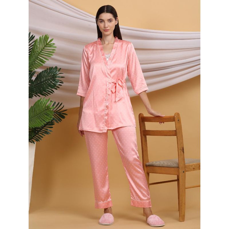 Sweet Dreams Women Peach Printed Inner with Short Gown and Pyjama (Set of 3) (M)