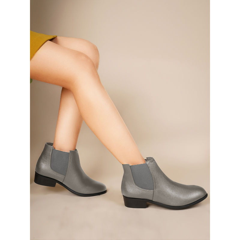 Buy SHUZ TOUCH Women Mid Top Block Heel Leather Grey Chelsea Boots Online