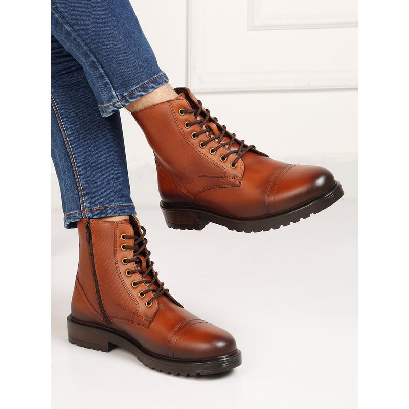 Teakwood Men Brown Leather Combat Boots (EURO 40)