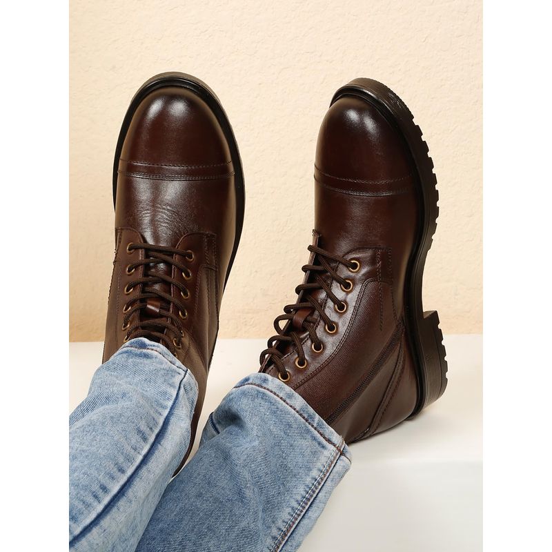 Teakwood Men Dark Brown Leather Combat Boots (EURO 41)