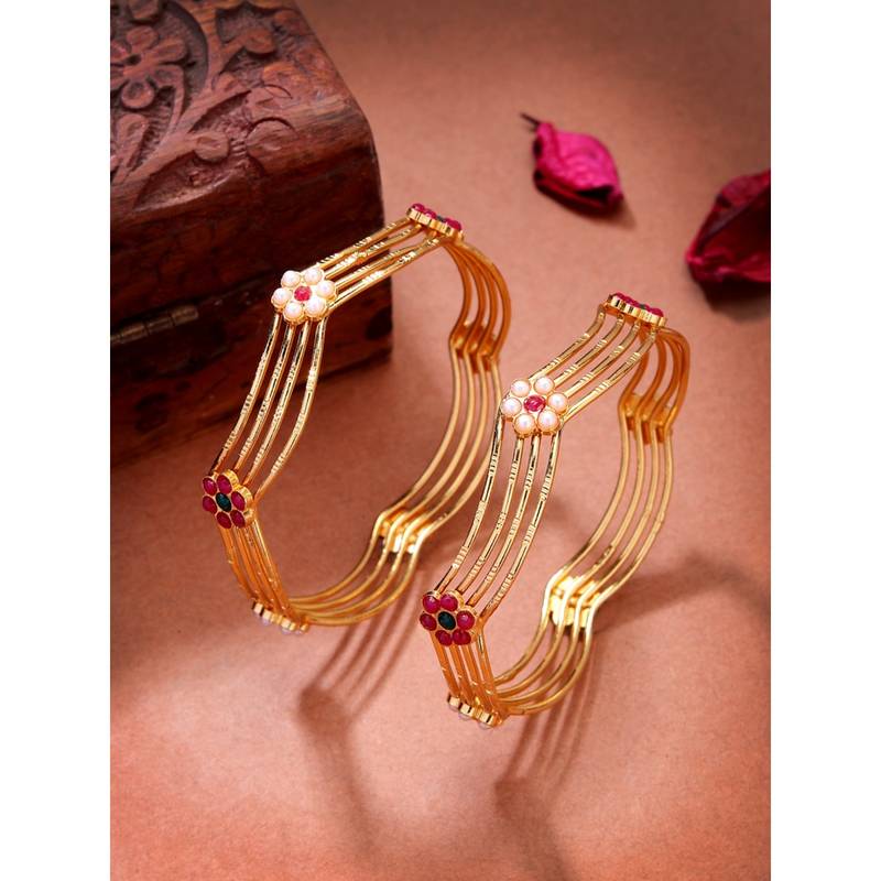 NVR Womens Pack of 2 Gold-Plated Artificial Stones Traditional Bangles (2.4)