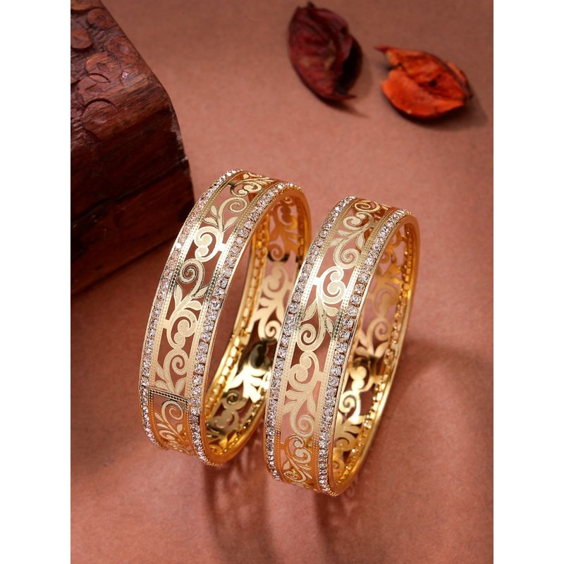 NVR Womens Pack of 2 Gold-Plated Cubic Zirconia Stone Studded Kada Bangles (2.8)