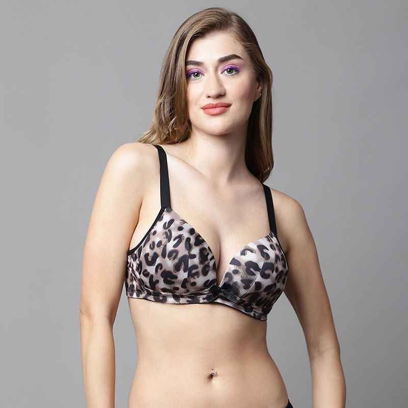 PrettyCat Lightly Padded Non-Wired Demi Cup Animal Print Plunge Bra (38B)