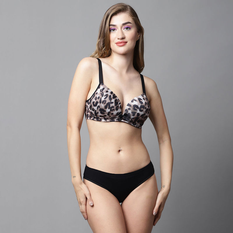 PrettyCat Lightly Padded Non-Wired Demi Cup Animal Print Plunge Bra Panty (38B)