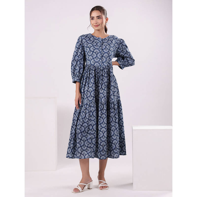 SANSKRUTIHOMES Ethnic Motifs Printed Puff Sleeve Fit and Flare Midi Dress (S)