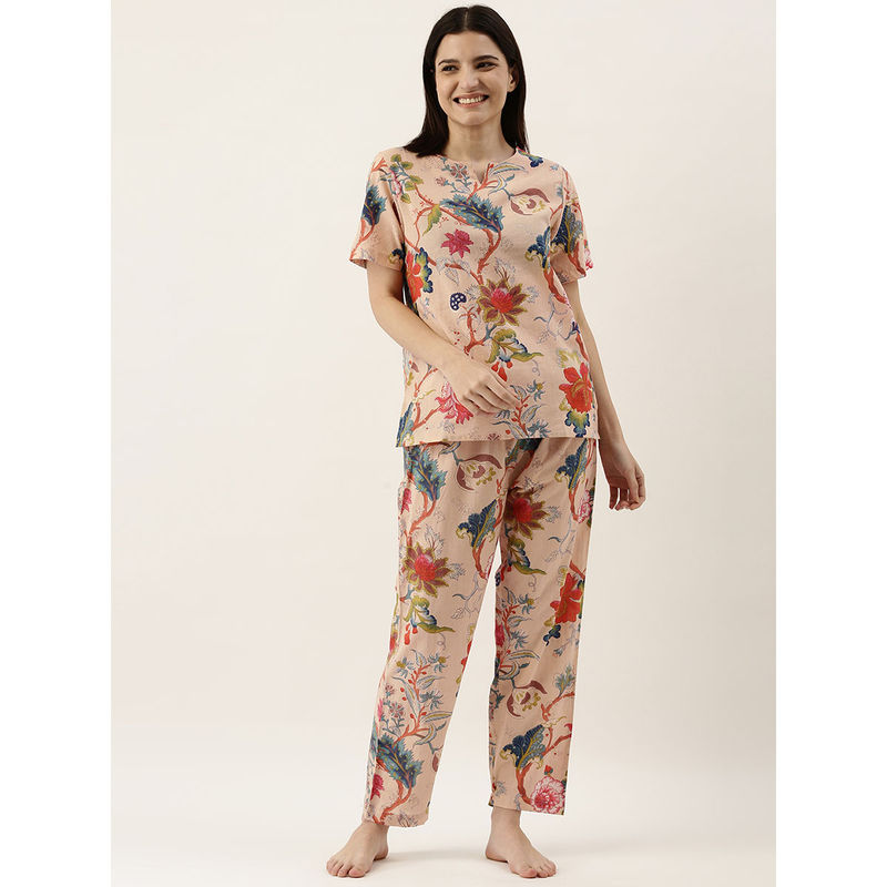 SAY Women Beige Pure Cotton Floral Print Top with Pant (Set of 2) (S)