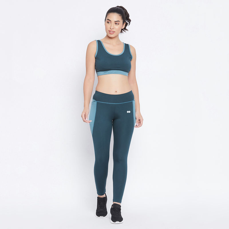 Clovia Activewear Ankle Length Tights & Padded Wirefree Sports Bra Set - Teal (M)