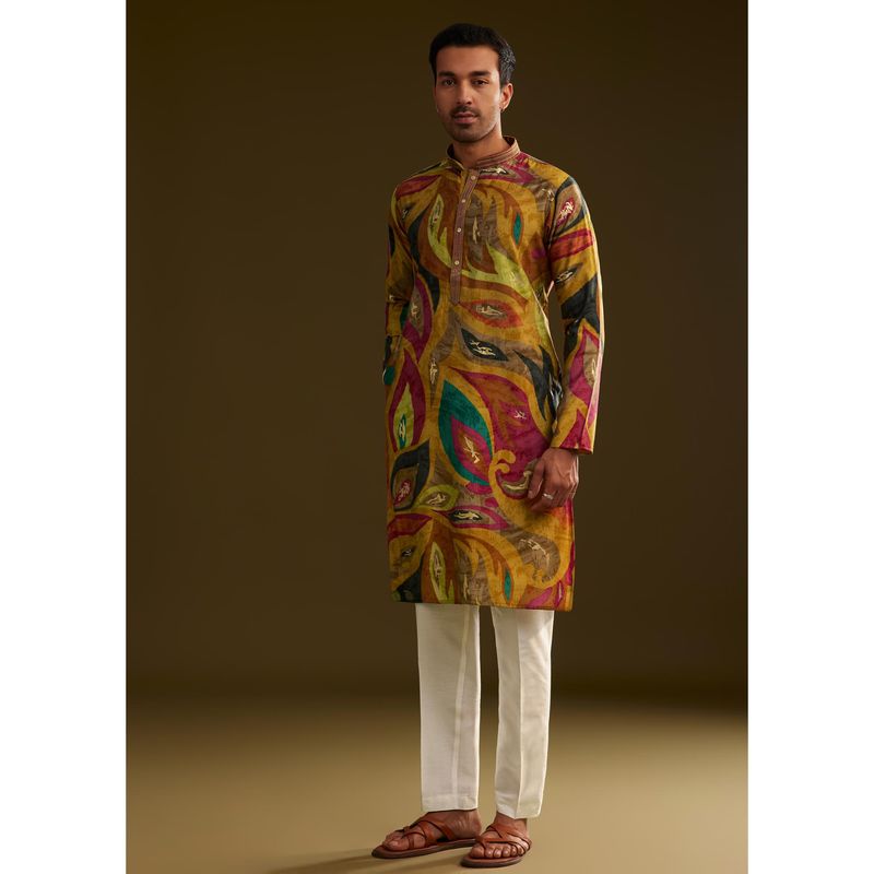 KALKI FASHION Mustard Multi Color Silk Abstract Printed Kurta with Pant (Set of 2) (2XL)