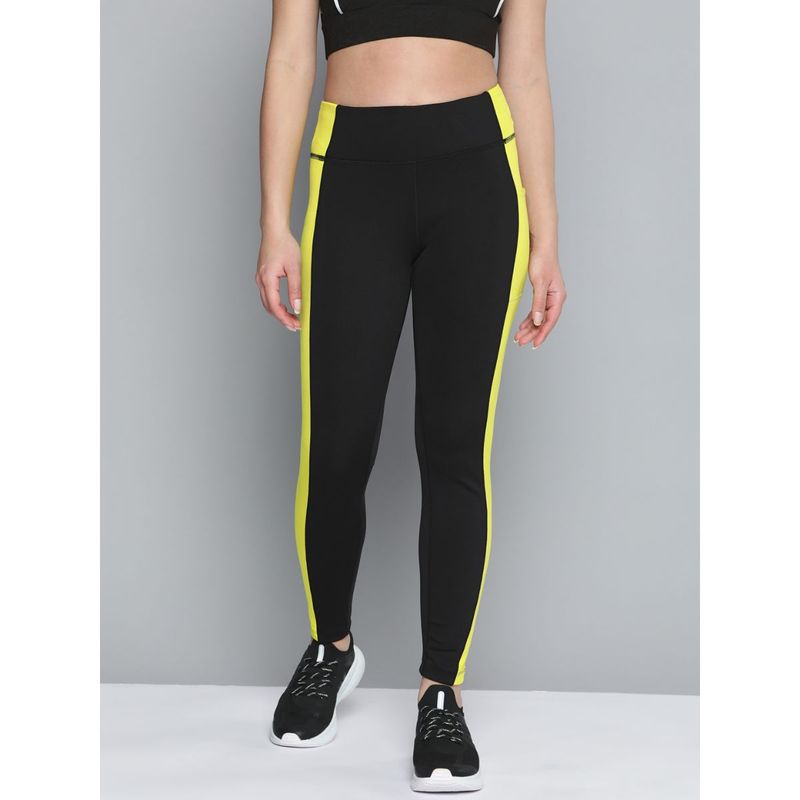 Alcis Women Black Yellow Colorblocked Sports Tights (L)