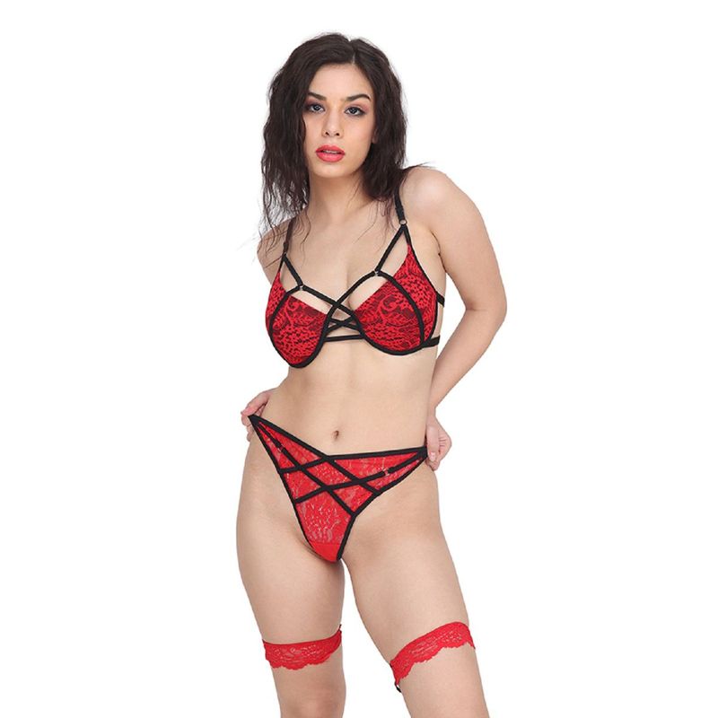 Curwish Lacy Wonders- Red With Black Straps & Lace Leg Garter Push-up Bra Set (34D/L)