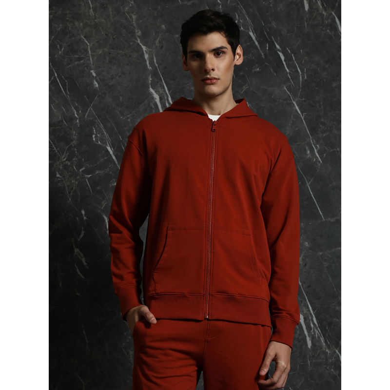 BREAKBOUNCE Rust Solid Relaxed Fit Hoodie With Zipper (S)
