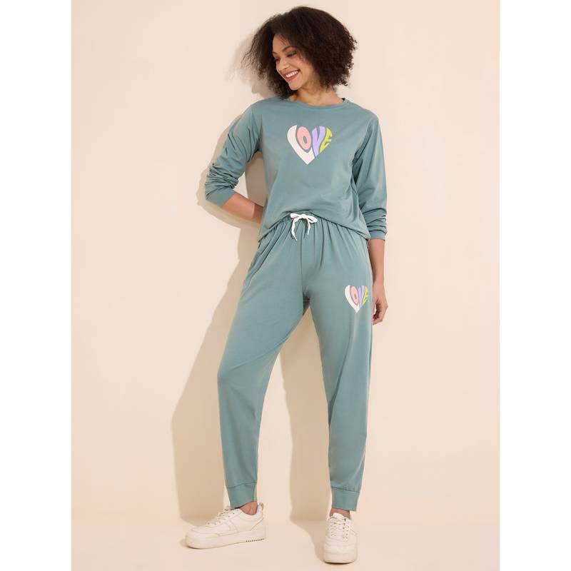 LOTIK Women Green Lycra Top with Joggers (S)