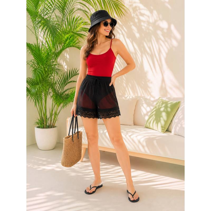 Oxolloxo Women Black Solid Lace Detail Sheer Poly Chiffon Beachwear Shorts (S)