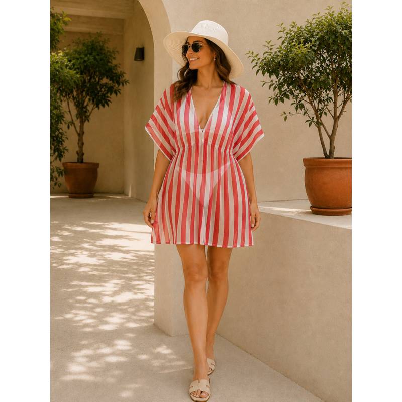 Oxolloxo Women Red Stripe Print Elasticated V- Neck Short Sleeve Beachwear Dress (S)