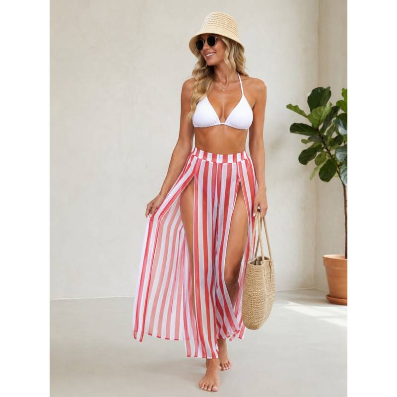 Oxolloxo Women Red Stripe Print Elasticated Front Slit Beachwear Pant (S)