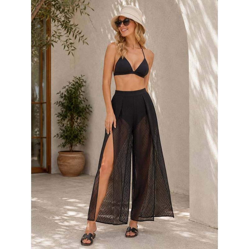 Oxolloxo Women Black Elasticated Front Slit Swiss Dobby Beachwear Pant (S)