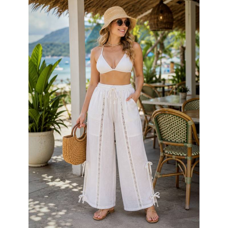 Oxolloxo Women White Cotton Dobby Lace Detail Wide-Leg Beachwear Pants (S)